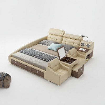 Leather bed, upholstered double multifunction 180x200 leather bed frame design