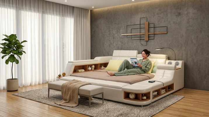 Multifunctional Bed Luxury Design Leather Beds Hotel Double Storage Shelf