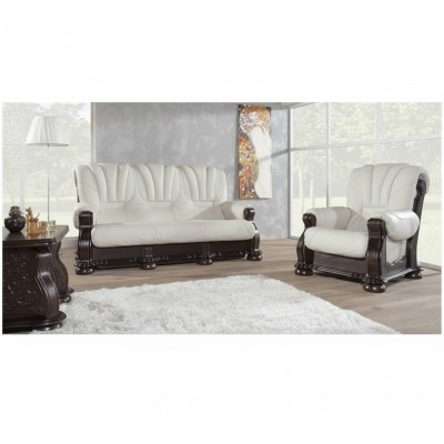 Three-seater sofa leather couch wood upholstery classic carved couches sofas