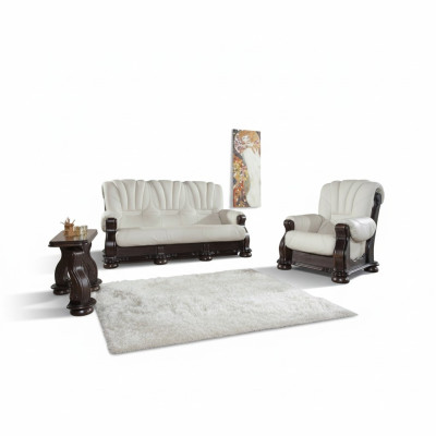 Three-seater sofa leather couch wood upholstery classic carved couches sofas