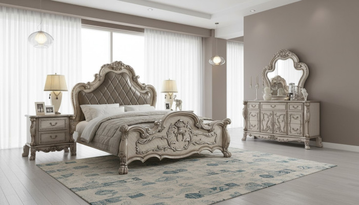 Baroque bed 2x bedside tables 3-piece bedroom set design luxury bedroom