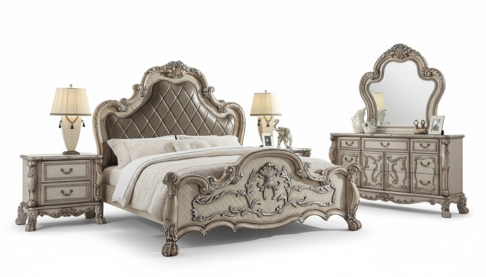 Baroque bed 2x bedside tables 3-piece bedroom set design luxury bedroom