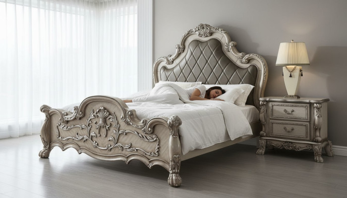 Luxury Baroque Silver Double Bed Design Wood 200x200cm Upholstery Bedroom New