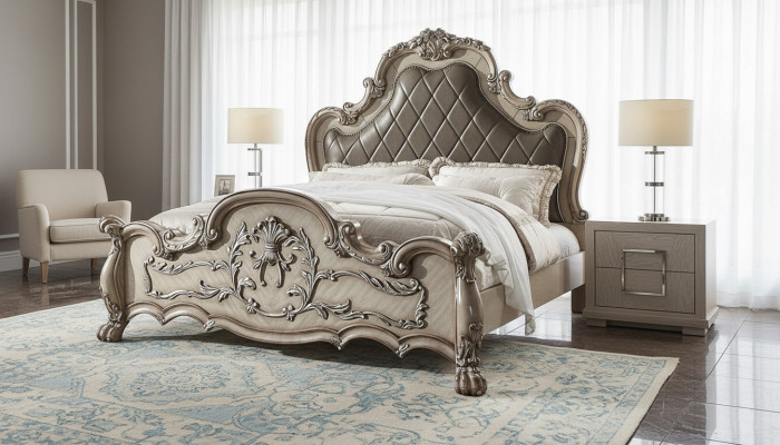 Luxury Baroque Silver Double Bed Design Wood 200x200cm Upholstery Bedroom New