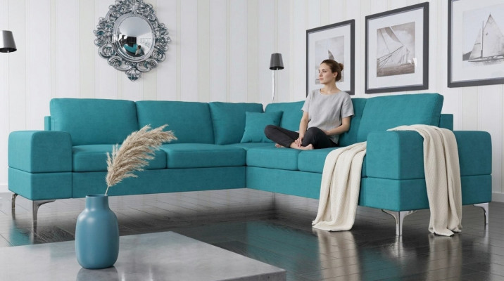 Couch corner sofa textile living room design modern L-shape turquoise furniture luxury sofas