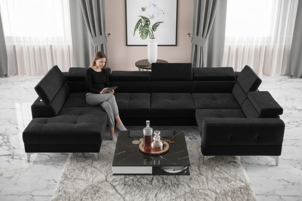 Modern luxury automatic corner sofa, fabric U-shape couch, textile black, elegant, new