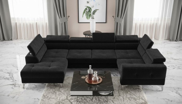 Modern luxury automatic corner sofa, fabric U-shape couch, textile black, elegant, new
