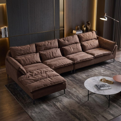 Living room design corner textile leather brown luxury sofa couch upholstery L-shape new