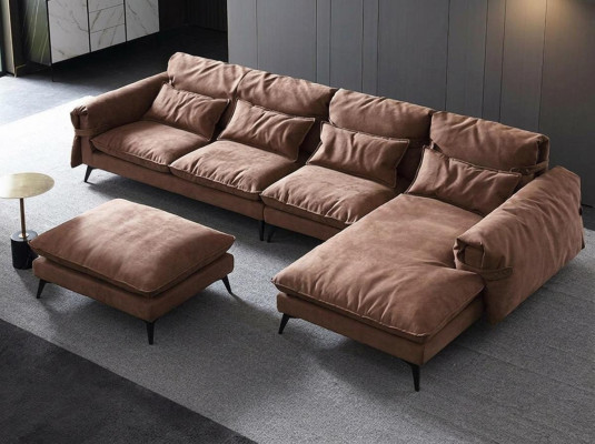 L-shaped living area, modern brown design, sofas, corner sofa upholstery.