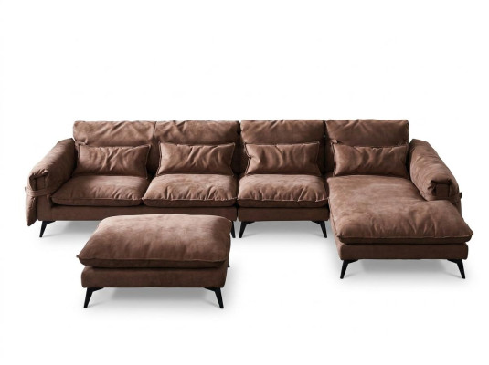 L-shaped living area, modern brown design, sofas, corner sofa upholstery.