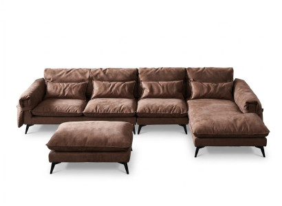 L-shaped living area, modern brown design, sofas, corner sofa upholstery.