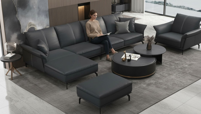 Living Room L-Shaped Black Modern Luxury Multifunctional Sofa Couch