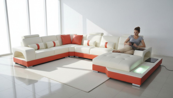 Corner sofa leather sofa couch upholstery corner seating living landscape U-shape cream orange new