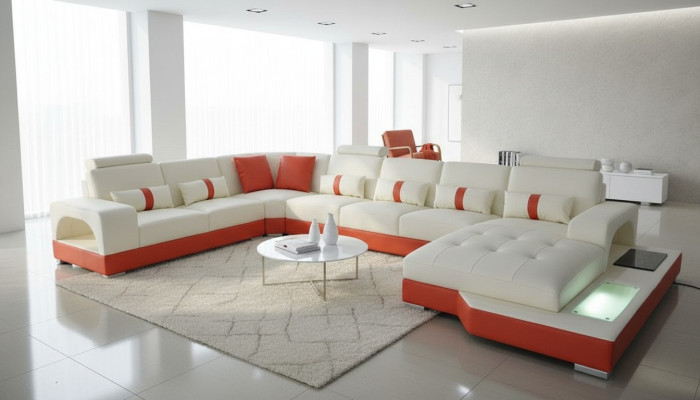 Corner sofa leather sofa couch upholstery corner seating living landscape U-shape cream orange new