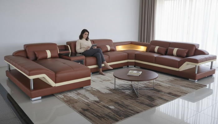 U-shaped living landscape cream brown corner sofa leather sofa couch upholstery corner seat new