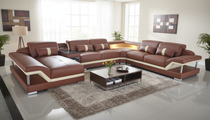 U-shaped living landscape cream brown corner sofa leather sofa couch upholstery corner seat new