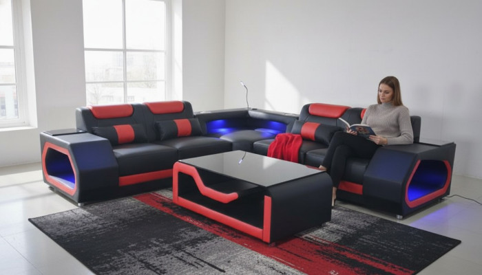 Living room corner sofa L-shape leather wood modern design upholstery couch new
