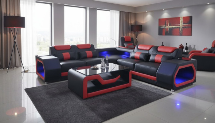 Living room corner sofa L-shape leather wood modern design upholstery couch new