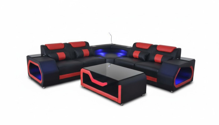 Living room corner sofa L-shape leather wood modern design upholstery couch new