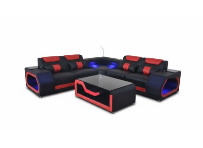 Living room corner sofa L-shape leather wood modern design upholstery couch new
