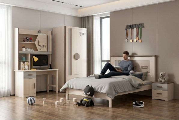 Children's room, teenage room set: bed, wardrobe, nightstand, desk 4-piece