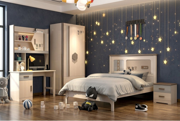 Children's room, teenage room set: bed, wardrobe, nightstand, desk 4-piece
