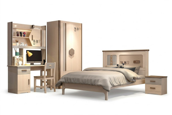 Children's room, teenage room set: bed, wardrobe, nightstand, desk 4-piece
