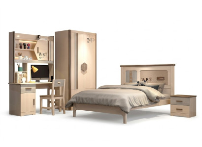 Children's room, teenage room set: bed, wardrobe, nightstand, desk 4-piece