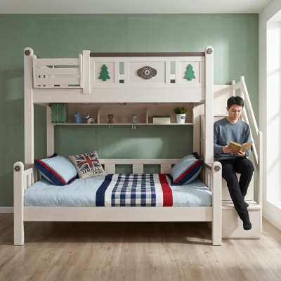 Modern bunk beds for children, boys, girls, ladder, wardrobe, high wooden bed