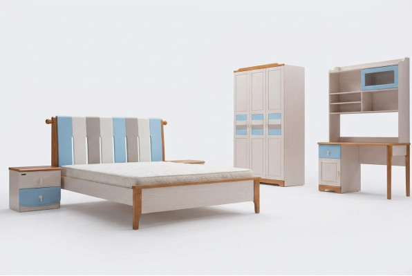 Solid wood bed desk cabinet new 5-piece complete set wood bedroom