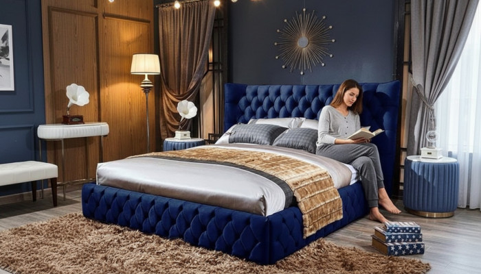 Chesterfield Beds Desi180x200gn Double Bed Furniture Upholstery Fabric Blue Bed New