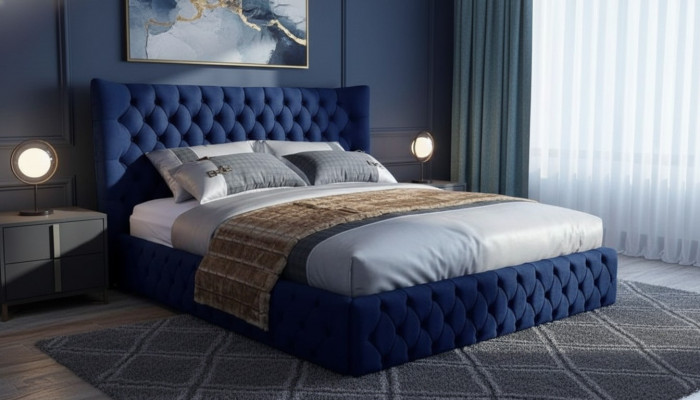 Chesterfield Beds Desi180x200gn Double Bed Furniture Upholstery Fabric Blue Bed New
