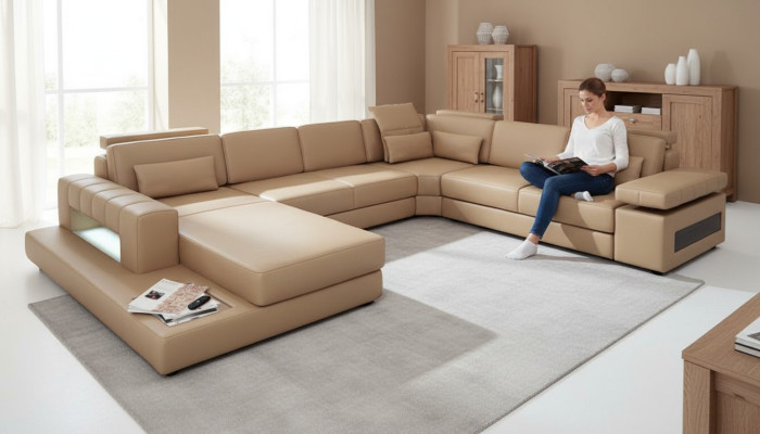 Living area U-shaped design modern sofa couch corner sofa leather upholstery new