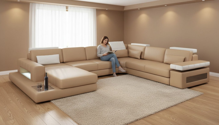 Living landscape corner sofa couch light brown leather upholstery seat corner sofa U-shaped sofas