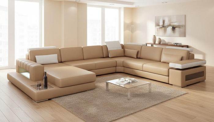 Living landscape corner sofa couch light brown leather upholstery seat corner sofa U-shaped sofas