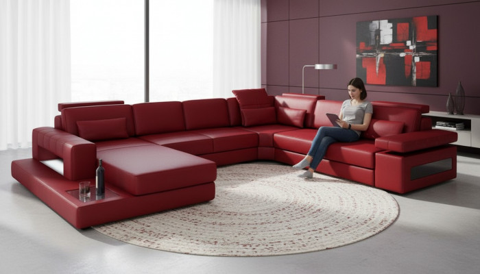 U-shaped sectional sofa made of high-quality premium leather fiber material
