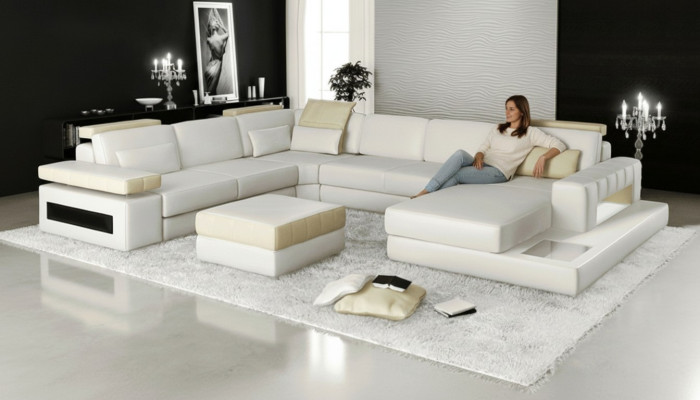 Large U-Shaped Sectional Sofa Couch Upholstered Leather Textile Fabric Living Landscape