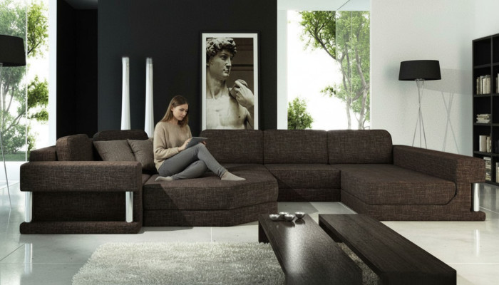 U-shaped living landscape with bed function, textile fabric, large corner sofa, sofa upholstery, couch
