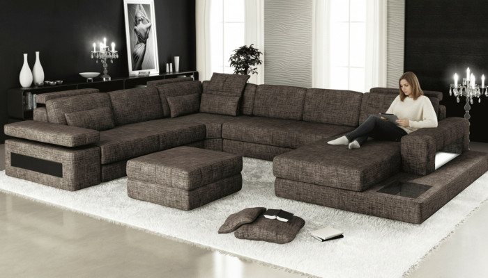 Corner sofa made of fabric in U-shape couch design upholstery textile corner living landscape with bed function