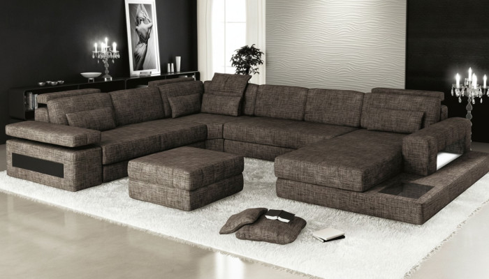 Corner sofa made of fabric in U-shape couch design upholstery textile corner living landscape with bed function