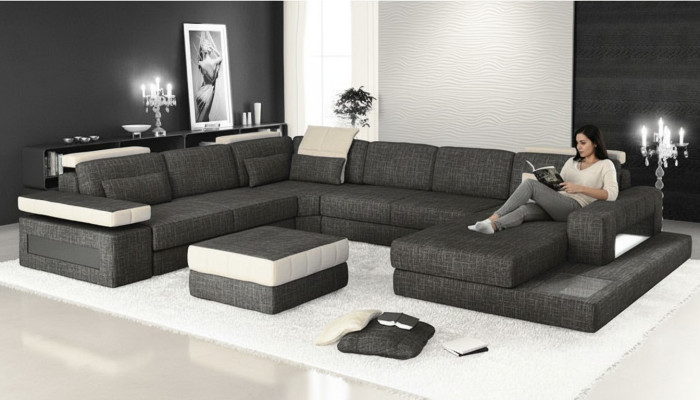 Sectional sofa design, upholstery, textile, new living landscape, U-shape, bed function, fabric.