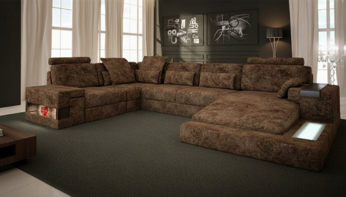 U-shaped sectional sofa couch design, fabric living area, bed function, upholstery.