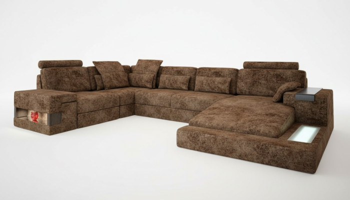 U-shaped sectional sofa couch design, fabric living area, bed function, upholstery.