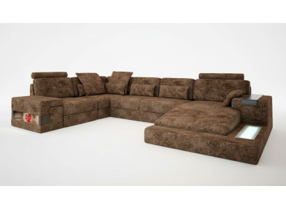 U-shaped sectional sofa couch design, fabric living area, bed function, upholstery.