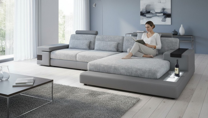 Design leather corner sofa L-shape modern style couch upholstery living room new