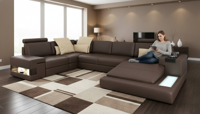 Design corner sofa, U-shape, bed function, couch, leather sofas, sofa bed, fabric, new.