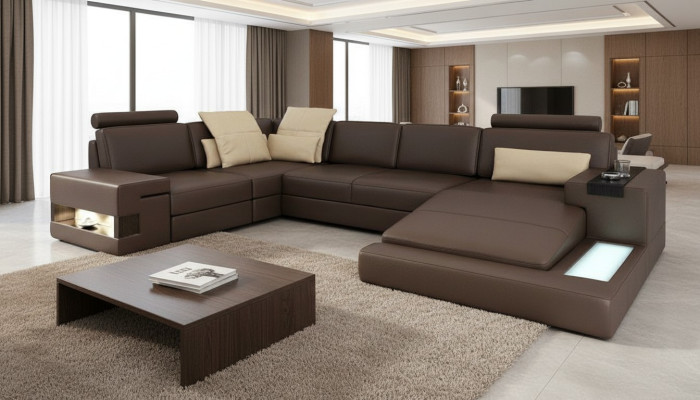 Design corner sofa, U-shape, bed function, couch, leather sofas, sofa bed, fabric, new.