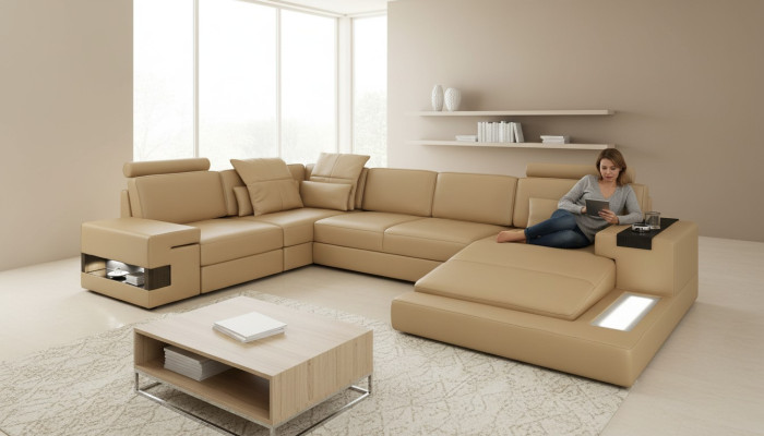 Sectional U-shaped sofa living room landscape upholstery bed function modern design new