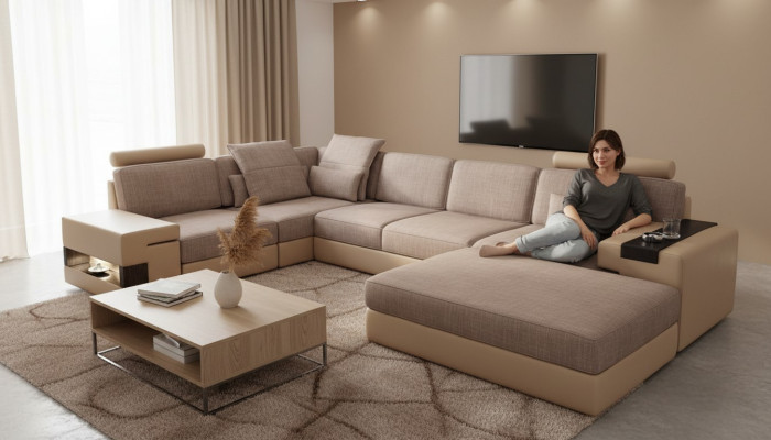Sofas corner sofa leather living room wood area stool modern L shape NEW set