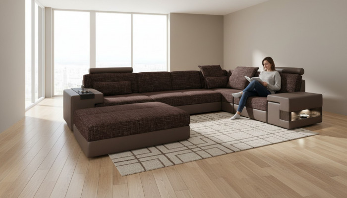 Modern designer corner sofa L-shaped furniture, textiles with stool 2-piece set new